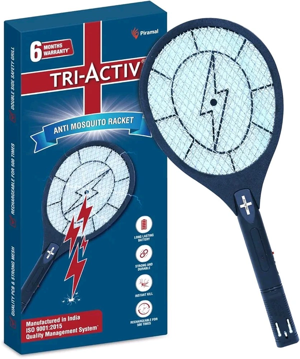 Tri-Activ Anti Mosquito Bat | 6 Months Warranty | Rechargable Upto 500 Times | Mosquito Killer Racket | Insect Killer & Fly Swatter | Long Lasting Battery |ISO Certified | Pack of 1