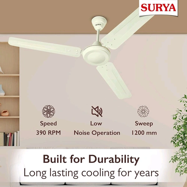 SURYA
SURYA ROSHNI Shakti 1200mm Ceiling Fan – High-Speed 390 RPM, Double Ball Bearing, Low Noise, High Air Delivery, 2-Year On-Site Warranty – Ivory
