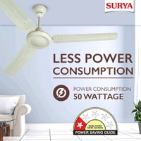 SURYA
SURYA ROSHNI Shakti 1200mm Ceiling Fan – High-Speed 390 RPM, Double Ball Bearing, Low Noise, High Air Delivery, 2-Year On-Site Warranty – Ivory
