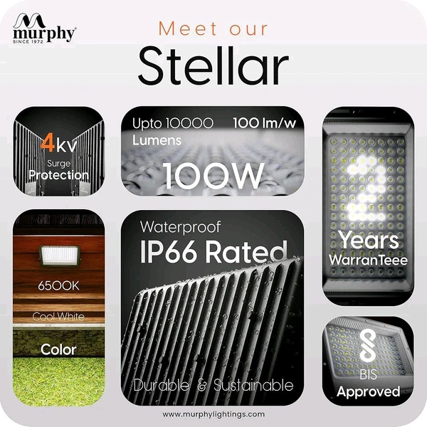 Murphy Stellar 100W LED Flood Light With 2-Year Warranty | Cool White | High Brightness Outdoor LED For Security, Landscape, Warehouse, Backyard| IP66 Waterproof | BIS Approved Pack of 1,G5