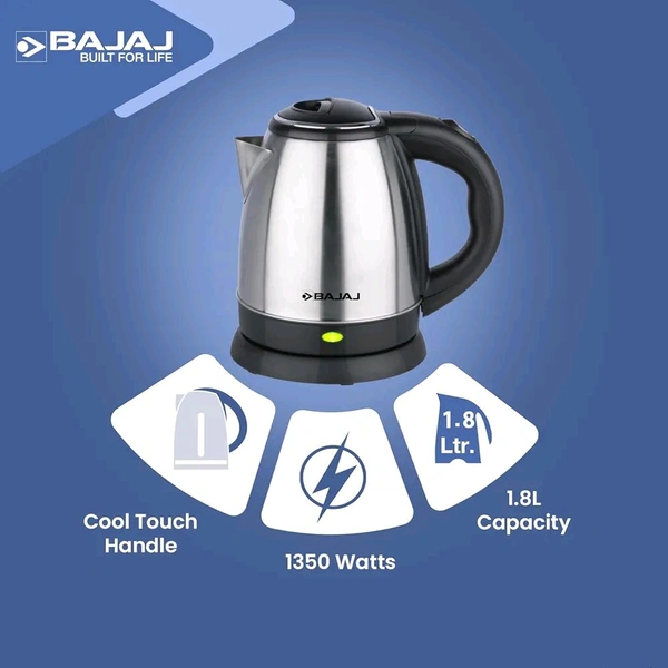 Bajaj KTX 1.8 Litre DLX Electric Kettle | 1350 Watts Kettle with Stainless Steel Body | Cordless Operation | Auto Shut-off Mechanism | 2-Yr Warranty 【Black】