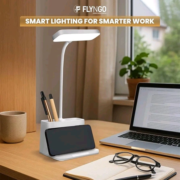 FLYNGO Plastic 3 Color Mode Led Study Table Desk Lamp For Students With Pen & Phone Holder, Rechargeable Touch On/Off Studying (204White)