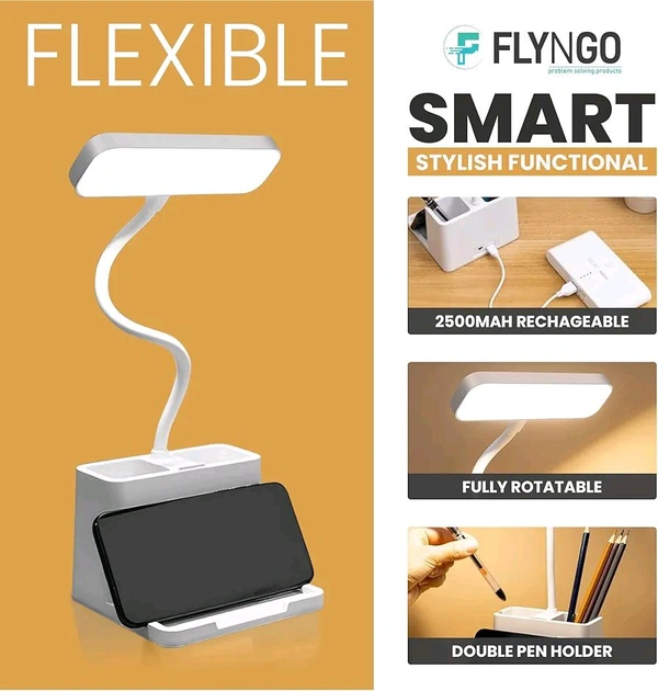 FLYNGO Plastic 3 Color Mode Led Study Table Desk Lamp For Students With Pen & Phone Holder, Rechargeable Touch On/Off Studying (204White)