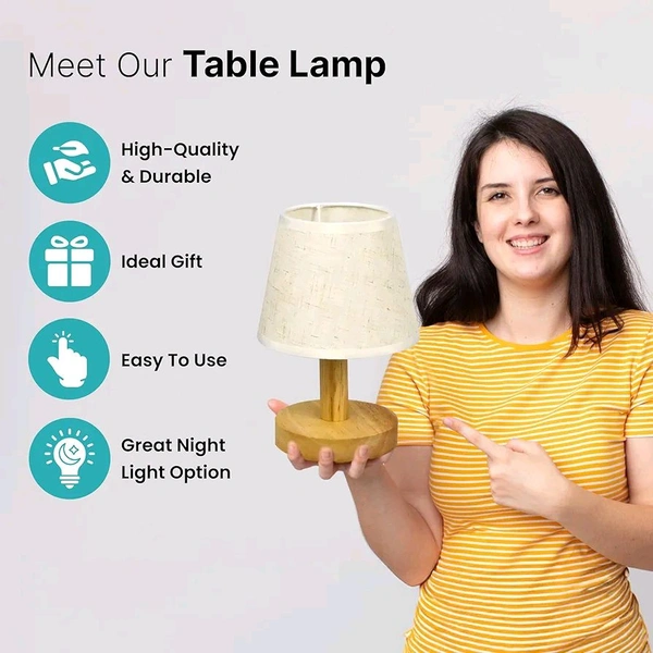The Better Home Dimmable Table Lamp for Bedroom-21cm| Attached SMD Led Bulb | Wooden Base & Fabric Shade | Aesthetic Table Lamp for Living Room | Gift for Housewarming Ceremony| Home Decor Items

