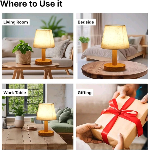The Better Home Dimmable Table Lamp for Bedroom-21cm| Attached SMD Led Bulb | Wooden Base & Fabric Shade | Aesthetic Table Lamp for Living Room | Gift for Housewarming Ceremony| Home Decor Items

