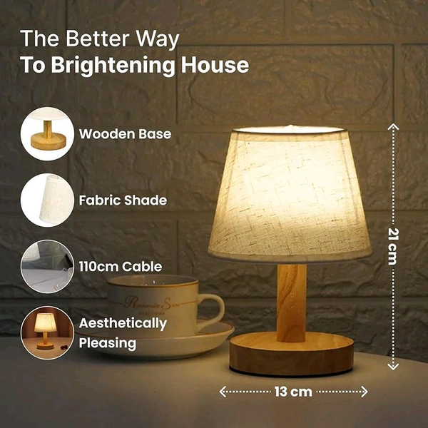 The Better Home Dimmable Table Lamp for Bedroom-21cm| Attached SMD Led Bulb | Wooden Base & Fabric Shade | Aesthetic Table Lamp for Living Room | Gift for Housewarming Ceremony| Home Decor Items

