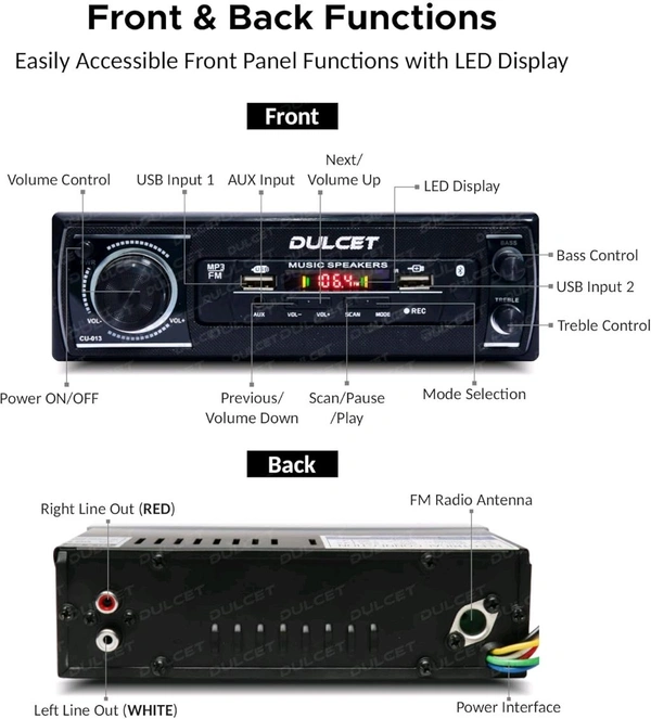Dulcet DC-2020X Double IC High Power Universal Fit Mp3 Car Stereo with Dual USB/Bluetooth/FM/AU/Remote & Built-in Equalizer with Bass & Treble Control [Also, Includes a Free 3.5mm Premium Aux Cable]