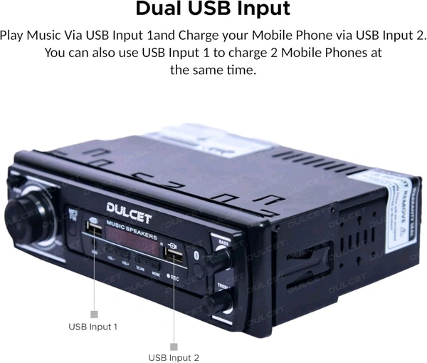 Dulcet DC-2020X Double IC High Power Universal Fit Mp3 Car Stereo with Dual USB/Bluetooth/FM/AU/Remote & Built-in Equalizer with Bass & Treble Control [Also, Includes a Free 3.5mm Premium Aux Cable]