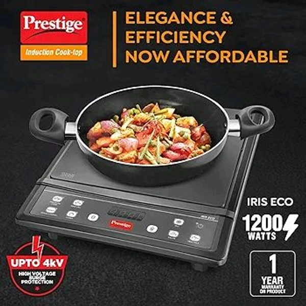 Prestige IRIS ECO 1200 W Induction Cooktop with Automatic Voltage Regulator |Indian Menu Option |High Voltage Surge Protection |Timer with User Pre-Set|1 year Warranty |Black