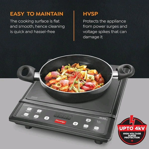 Prestige IRIS ECO 1200 W Induction Cooktop with Automatic Voltage Regulator |Indian Menu Option |High Voltage Surge Protection |Timer with User Pre-Set|1 year Warranty |Black