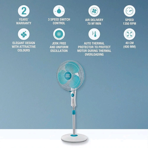 USHA Maxx Air Ultra Pedestal Fan | 400MM Sweep Size | 1350 RPM | Aerodynamic Blade Design for High Air Delivery | Anti - Rust Protection | Copper Motor | Light Blue