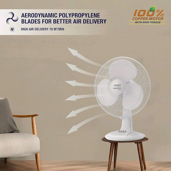 USHA Maxx Air Ultra Table Fan | 400MM Sweep Size | 1350 RPM | Aerodynamic Blade Design for High Air Delivery | Corrosion Protection with Plastic Blades | 3 Speed Settings | 100% Copper Motor | 2 Year Warranty | White