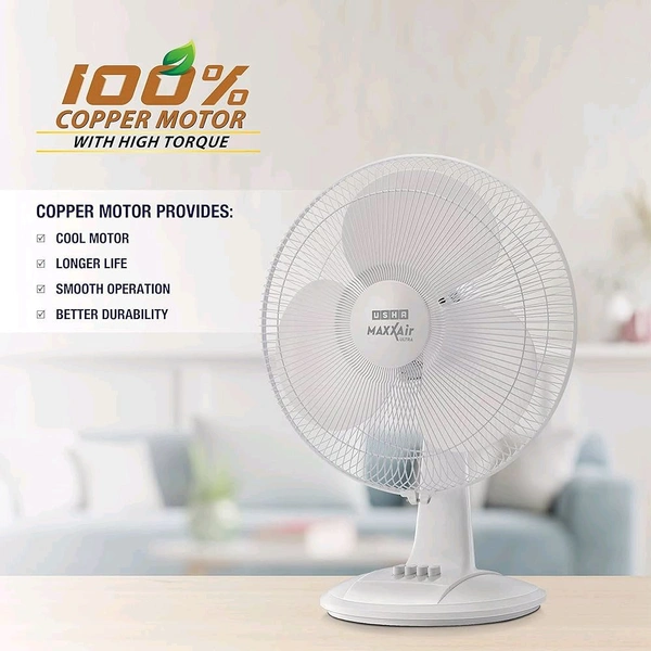 USHA Maxx Air Ultra Table Fan | 400MM Sweep Size | 1350 RPM | Aerodynamic Blade Design for High Air Delivery | Corrosion Protection with Plastic Blades | 3 Speed Settings | 100% Copper Motor | 2 Year Warranty | White