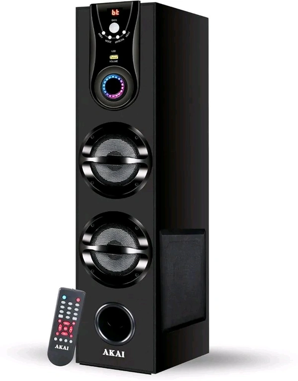AKAI HA-TS50 Bluetooth Tower Speaker 50 Watts, Home Theater Music System, Deep Bass Woofer, Remote Control LED Display, FM, AUX, USB, Mic Input, Karaoke, TV, PC & Smartphone Compatible