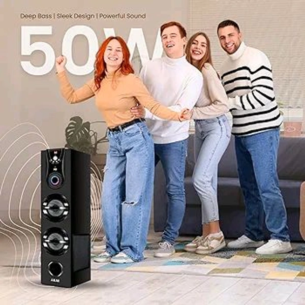 AKAI HA-TS50 Bluetooth Tower Speaker 50 Watts, Home Theater Music System, Deep Bass Woofer, Remote Control LED Display, FM, AUX, USB, Mic Input, Karaoke, TV, PC & Smartphone Compatible
