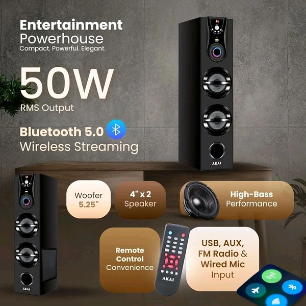 AKAI HA-TS50 Bluetooth Tower Speaker 50 Watts, Home Theater Music System, Deep Bass Woofer, Remote Control LED Display, FM, AUX, USB, Mic Input, Karaoke, TV, PC & Smartphone Compatible