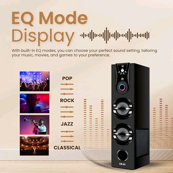 AKAI HA-TS50 Bluetooth Tower Speaker 50 Watts, Home Theater Music System, Deep Bass Woofer, Remote Control LED Display, FM, AUX, USB, Mic Input, Karaoke, TV, PC & Smartphone Compatible