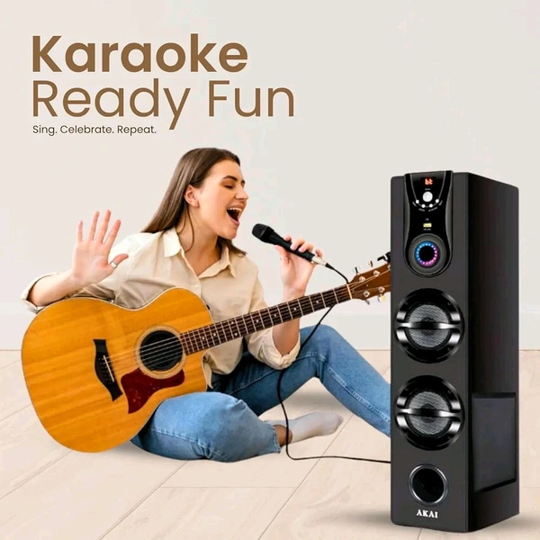AKAI HA-TS50 Bluetooth Tower Speaker 50 Watts, Home Theater Music System, Deep Bass Woofer, Remote Control LED Display, FM, AUX, USB, Mic Input, Karaoke, TV, PC & Smartphone Compatible