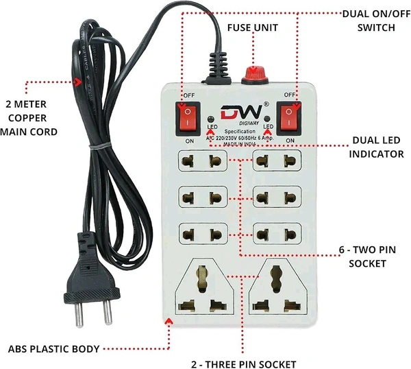 Digiway 240 Volts 8 + 2 Mini Power Strip Extension Cord/Board with 2 Switch, Indicator, Safety Fuse & 8 International sockets, 2 Meter Cord Wire (Beige)
100+ bought in past month