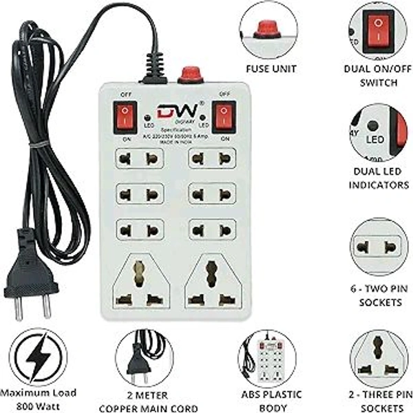 Digiway 240 Volts 8 + 2 Mini Power Strip Extension Cord/Board with 2 Switch, Indicator, Safety Fuse & 8 International sockets, 2 Meter Cord Wire (Beige)
100+ bought in past month