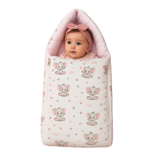 Adhigams New Born Grey Baby Elephant Stylish Muslin Sleeping Bag/Carry Nest/Portable Bassinet | Baby Sleeping Bag for Baby boy and Girl (Pack of 1) (0 to 6 Months) (White)