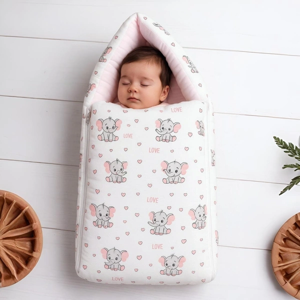 Adhigams New Born Grey Baby Elephant Stylish Muslin Sleeping Bag/Carry Nest/Portable Bassinet | Baby Sleeping Bag for Baby boy and Girl (Pack of 1) (0 to 6 Months) (White)