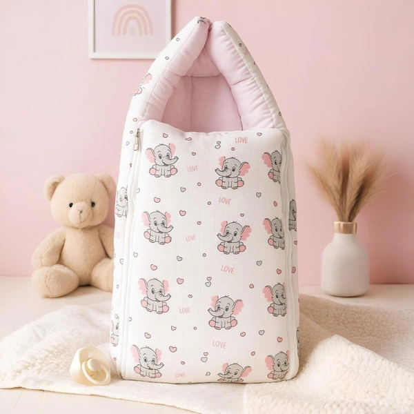 Adhigams New Born Grey Baby Elephant Stylish Muslin Sleeping Bag/Carry Nest/Portable Bassinet | Baby Sleeping Bag for Baby boy and Girl (Pack of 1) (0 to 6 Months) (White)