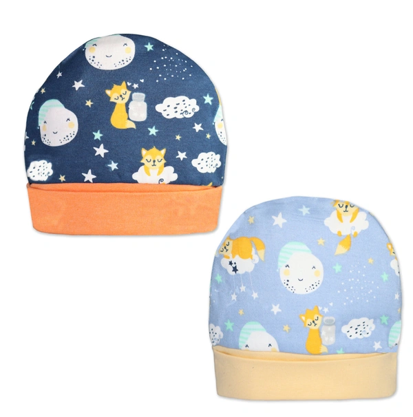 Adhigams New Born Cosmic Night Stylish Cotton Caps/Topi/Hats | Cotton Baby Cap for Baby boy and Girl (Pack of 2) (0 to 6, 6 to 12 Months) - 6-12 M, MULTICOLOR