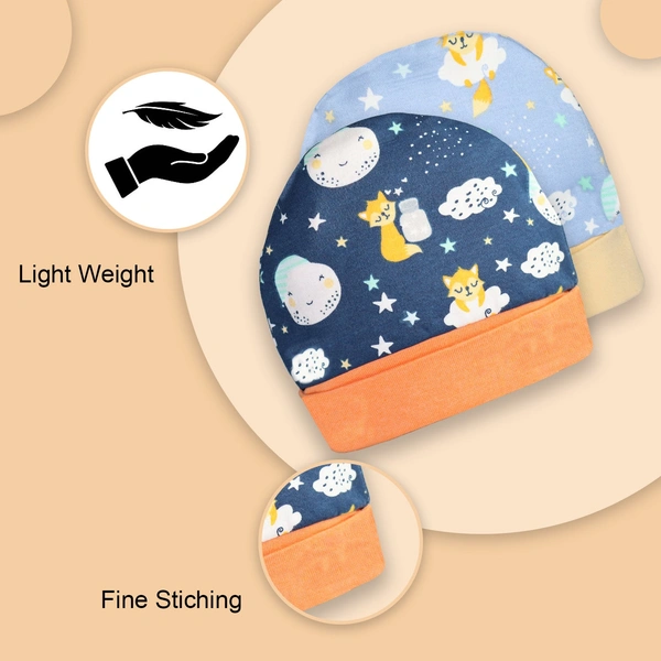 Adhigams New Born Cosmic Night Stylish Cotton Caps/Topi/Hats | Cotton Baby Cap for Baby boy and Girl (Pack of 2) (0 to 6, 6 to 12 Months) - 6-12 M, MULTICOLOR