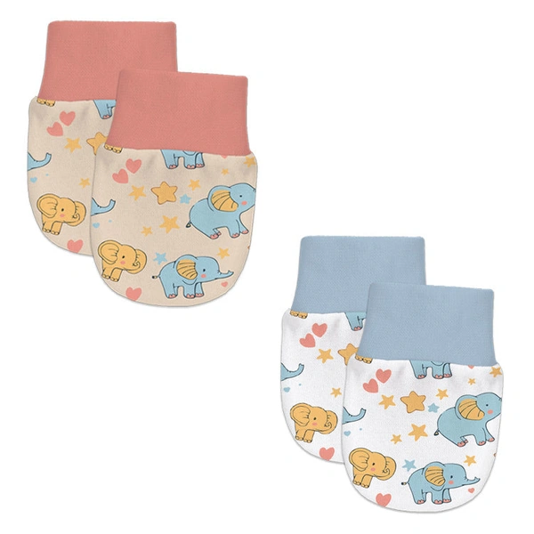 Adhigams Baby Elephant Newborn Cotton Hand Gloves/Muthi/Hosiery Mittens Set with Gentle Elastic Thread Wristbands | Unisex Mittens for 0-12 Months (Pack of 2 Pairs) - 6-12 M