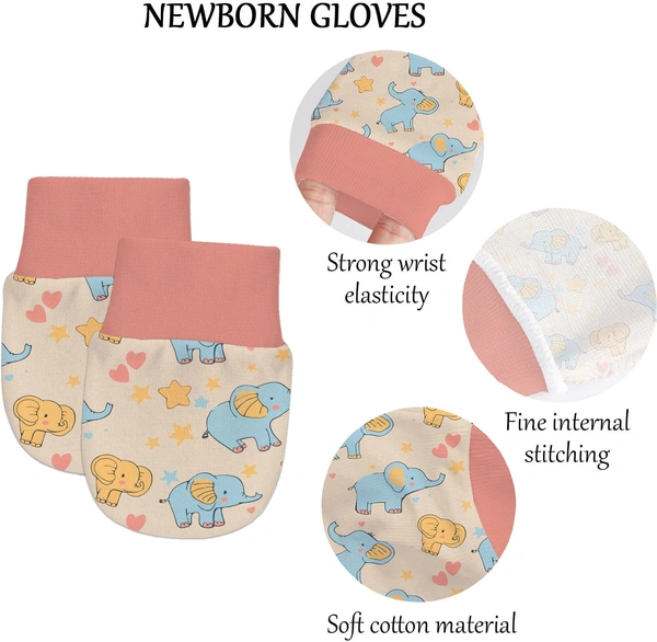 Adhigams Baby Elephant Newborn Cotton Hand Gloves/Muthi/Hosiery Mittens Set with Gentle Elastic Thread Wristbands | Unisex Mittens for 0-12 Months (Pack of 2 Pairs) - 6-12 M