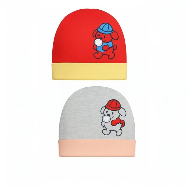 Adhigams New Born Bubbly Bear Stylish Cotton Caps/Topi/Hats | Cotton Baby Cap for Baby boy and Girl (Pack of 2) (0 to 6, 6 to 12 Months) - 6-12 Months