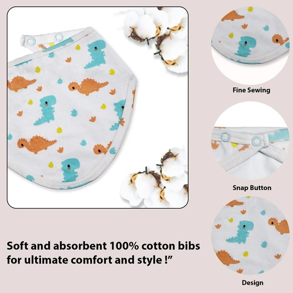 adhigams Dino Doodle Cotton Baby Neck Cloth Feeding Drool Bibs With Adjustable Snap Button Closure, Super Absorbent & Reusable, Soft, Comfortable & Lightweight Bandana, Bibs - 0-12 M