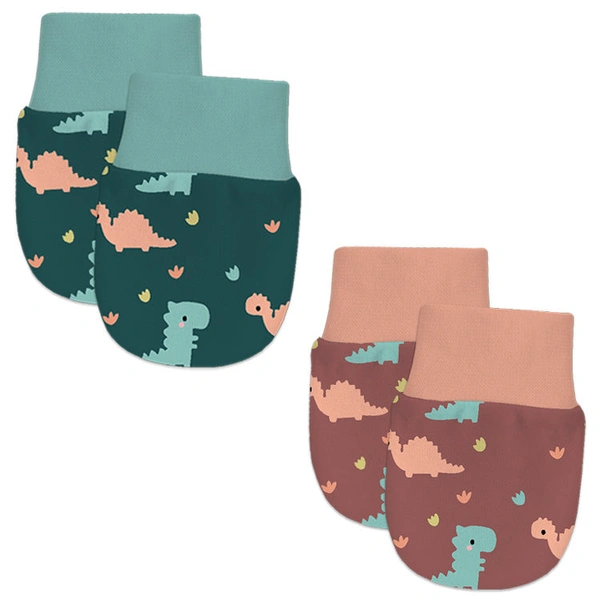 Adhigams Dino Doodle Newborn Cotton Hand Gloves/Muthi/Hosiery Mittens Set with Gentle Elastic Thread Wristbands | Unisex Mittens for 0-12 Months (Pack of 2 Pairs) - 6-12 M