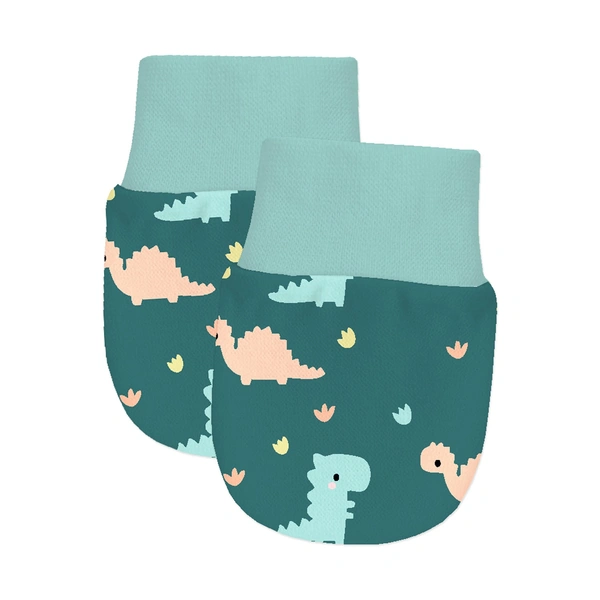 Adhigams Dino Doodle Newborn Cotton Hand Gloves/Muthi/Hosiery Mittens Set with Gentle Elastic Thread Wristbands | Unisex Mittens for 0-12 Months (Pack of 2 Pairs) - 6-12 M