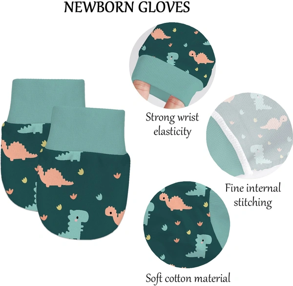 Adhigams Dino Doodle Newborn Cotton Hand Gloves/Muthi/Hosiery Mittens Set with Gentle Elastic Thread Wristbands | Unisex Mittens for 0-12 Months (Pack of 2 Pairs) - 6-12 M