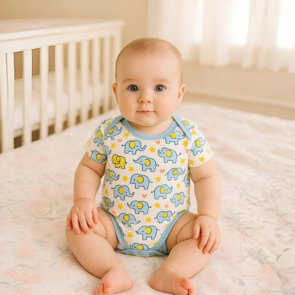 Adhigams Baby Elephant New Born Baby Unisex Rompers/Jumpsuit/Sleepsuit/Night Suits for Baby Boys & Girls, Infants, 100% Pure Cotton Suit (0-3/3-6/6-9/9-12/12-18 Months) (Pack of 1) (White) - 3-6 M