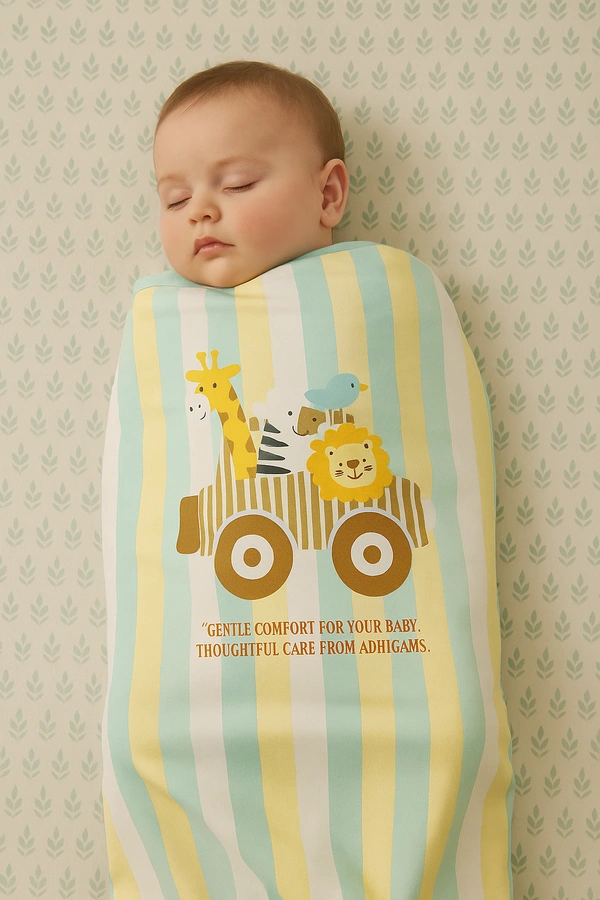 adhigams New Born Baby Jungle on Wheels Stylish Cotton Blanket for Baby boy and Girl | for 0 to 12 Months (Pack of 1) (Stripe Yellow) - 0-12 M