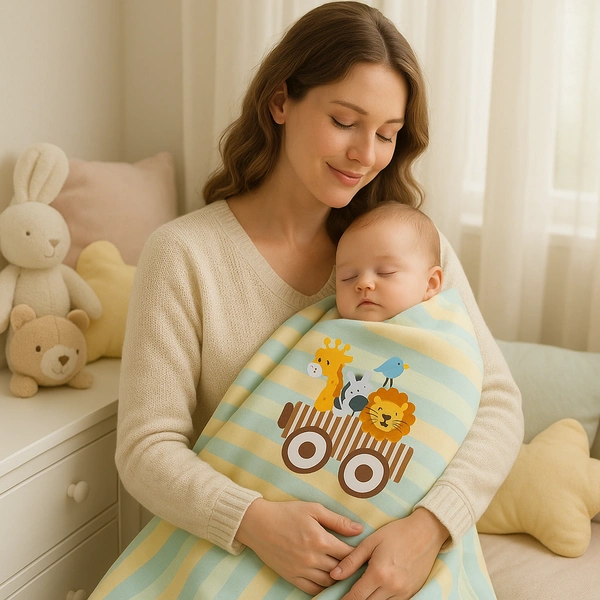 adhigams New Born Baby Jungle on Wheels Stylish Cotton Blanket for Baby boy and Girl | for 0 to 12 Months (Pack of 1) (Stripe Yellow) - 0-12 M