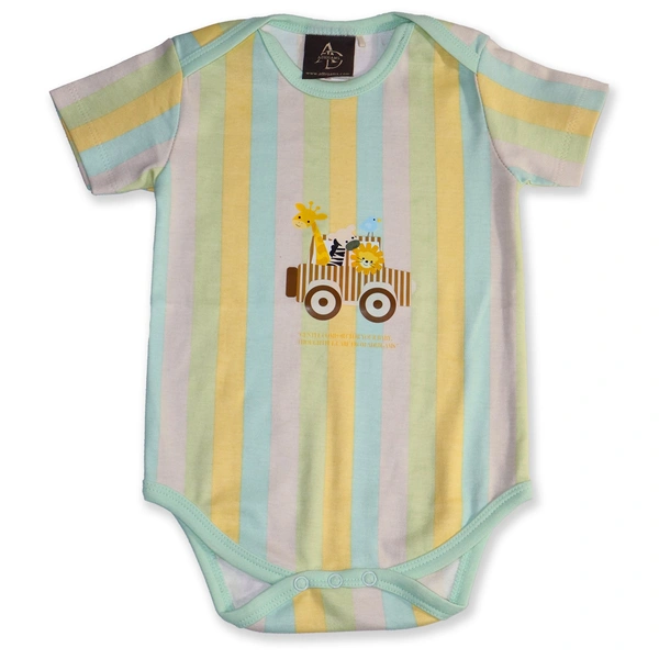 Adhigams Jungle On Wheels New Born Baby Unisex Rompers/Jumpsuit/Sleepsuit/Night Suits for Baby Boys & Girls, Infants, 100% Pure Cotton Suit (0-3/3-6/6-9/9-12/12-18 Months) (Pack of 1) (Strip Yellow)