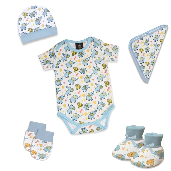 Adhigams New Born Baby Boy Caps/Rompers/Mittons/Booties/Napkins Clothing Gift Set -5 Pieces Baby Elephant (Blue) for 0-6, 6-12 Months