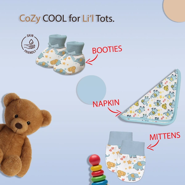 Adhigams New Born Baby Boy Caps/Rompers/Mittons/Booties/Napkins Clothing Gift Set -5 Pieces Baby Elephant (Blue) for 0-6, 6-12 Months
