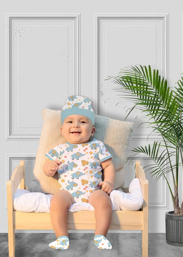 Adhigams New Born Baby Boy Caps/Rompers/Mittons/Booties/Napkins Clothing Gift Set -5 Pieces Baby Elephant (Blue) for 0-6, 6-12 Months