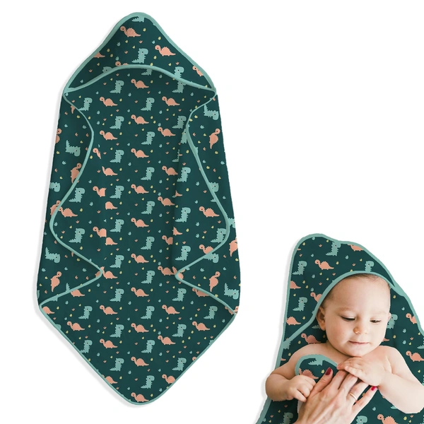 Adhigams New Born Baby Dino Doodle Stylish Cotton Hooded Blanket for Baby boy and Girl | for 0 to 12 Months (Pack of 1) (Green)