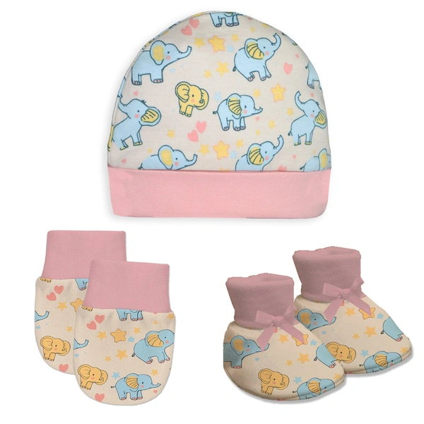 Adhigams New Born Baby Elephant Stylish Cotton Caps/Mittens/Booties | Cotton Baby Set for Baby boy and Girl (Pack of 3) Pink