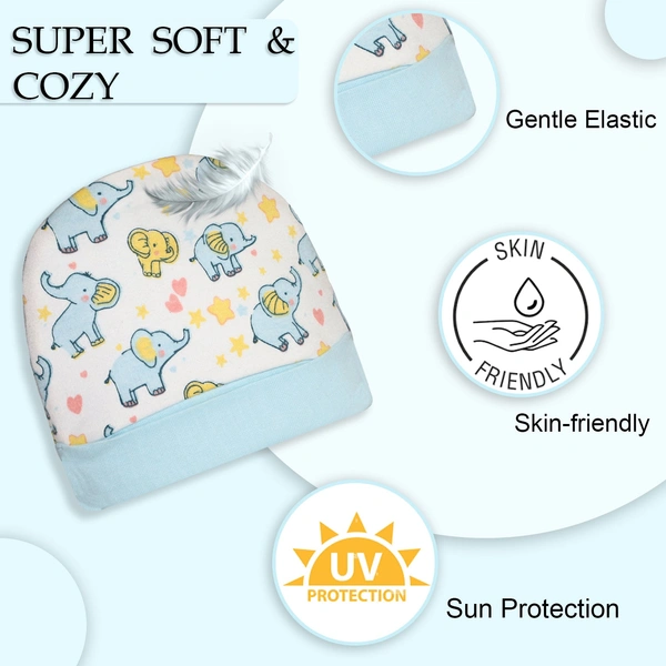 Adhigams New Born Baby Elephant Stylish Cotton Caps/Mittens/Booties | Cotton Baby Set for Baby boy and Girl (Pack of 3) Blue