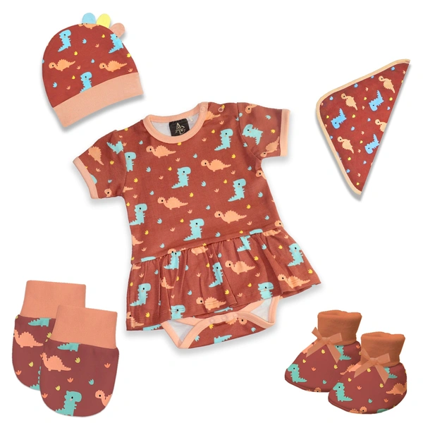 Adhigams New Born Baby Girl Caps/Rompers/Mittons/Booties/Napkins Clothing Gift Set -5 Pieces Dino Doodle (Brown) for 0-6, 6-12 Months
