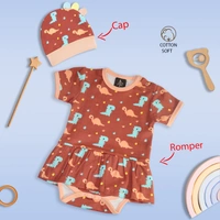 Adhigams New Born Baby Girl Caps/Rompers/Mittons/Booties/Napkins Clothing Gift Set -5 Pieces Dino Doodle (Brown) for 0-6, 6-12 Months