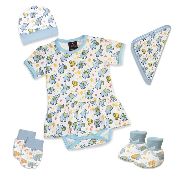 Adhigams New Born Baby Girl Caps/Rompers/Mittons/Booties/Napkins Clothing Gift Set -5 Pieces Baby Elephant (Blue) for 0-6, 6-12 Months