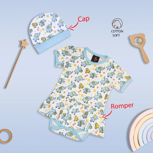 Adhigams New Born Baby Girl Caps/Rompers/Mittons/Booties/Napkins Clothing Gift Set -5 Pieces Baby Elephant (Blue) for 0-6, 6-12 Months